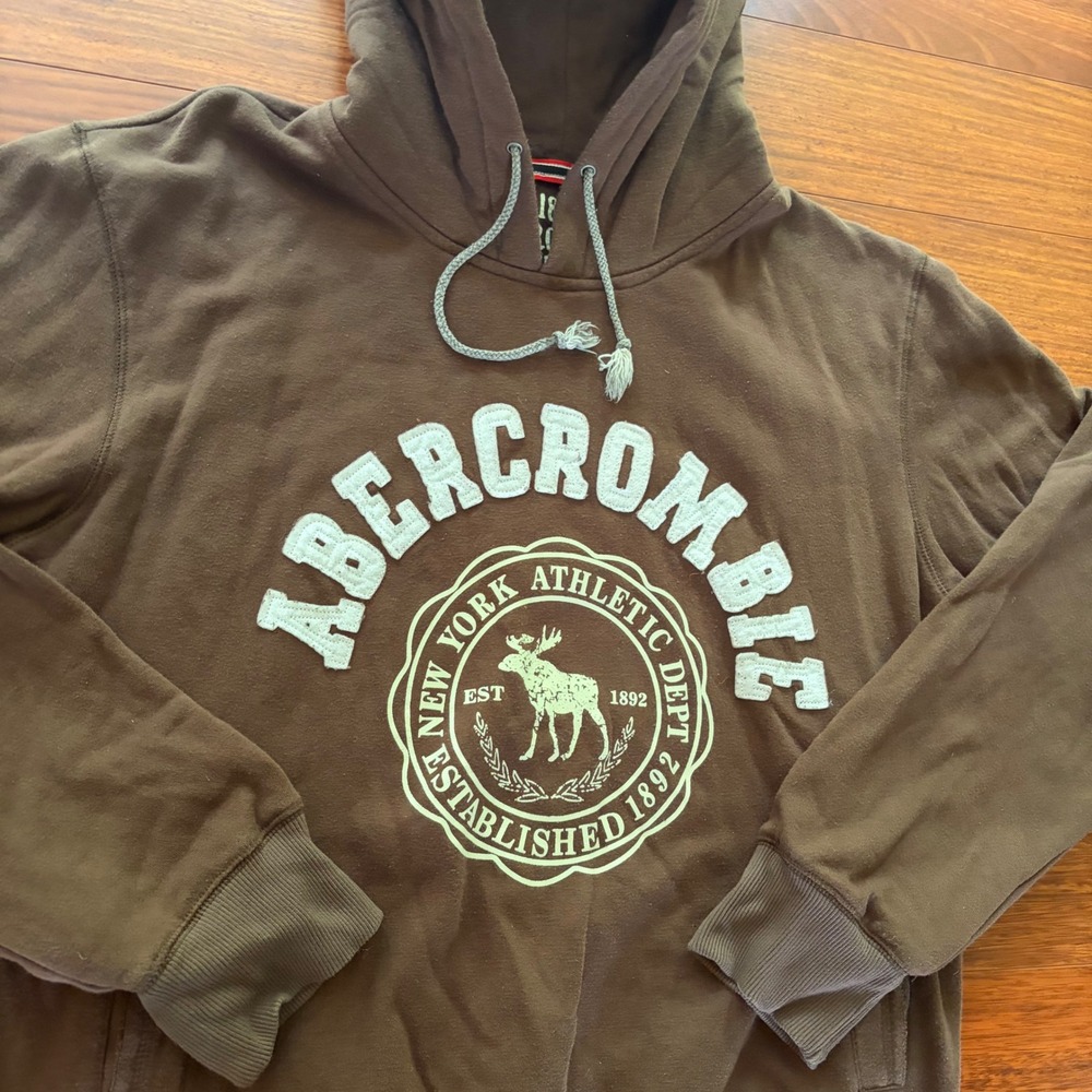 Abercrombie & Fitch Y2K Brown Embroidered Moose Graphic Hoodie Pullover Large